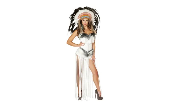 Picture look, girl, feathers, brunette, headdress