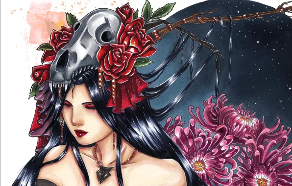 Girl, decoration, flowers, face, the moon, hair, Japan, skull