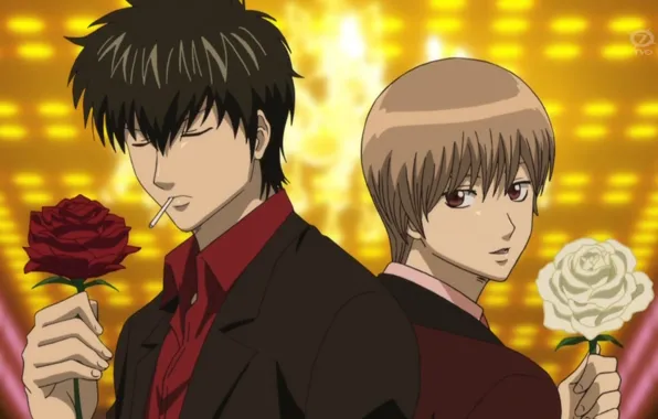 Rose, cigarette, gintama, Gintama, two guys, back to back, okita sougo, hijikata toushirou