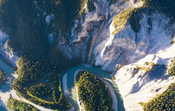Forest, light, mountains, river, rocks, view, island, slope