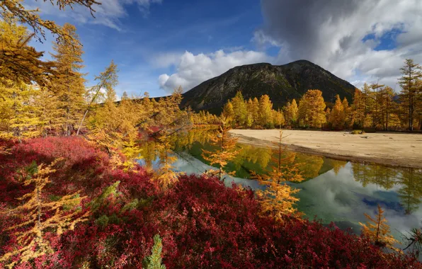 Autumn, clouds, landscape, nature, lake, vegetation, mountain, Kolyma
