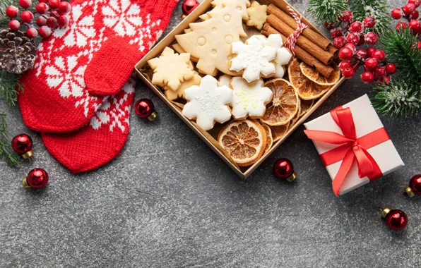 Balls, box, gift, cookies, fruit, Christmas, red, New year