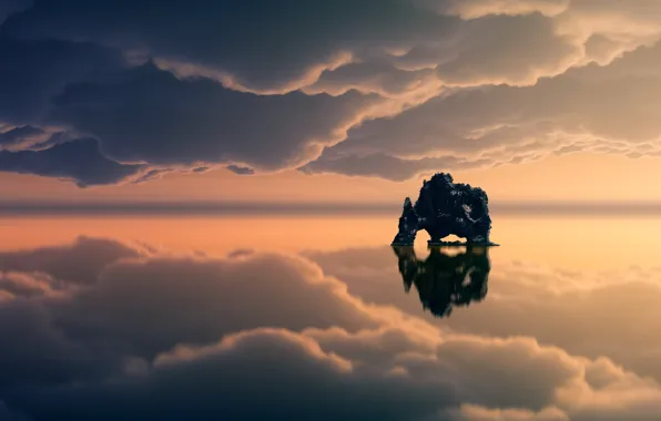 Clouds, rock, lake, reflection