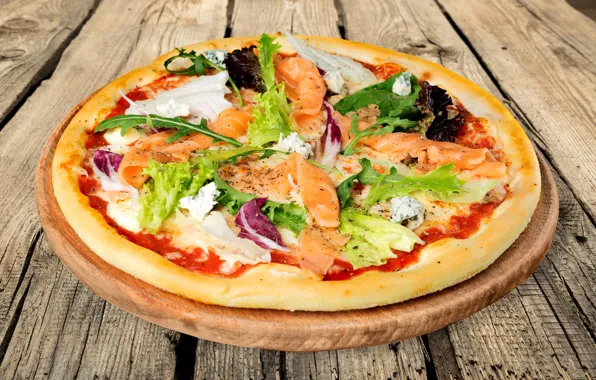 Greens, fish, cheese, pizza, pizza, fish, cheese