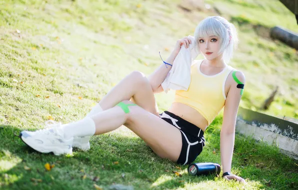 Wallpaper pose, cute girl, asian girls, asian girls, sexy, white hair, sitting on the grass, beauty