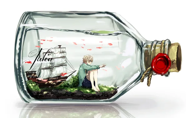 Water, fish, ship, bottle, anime, art, guy, print