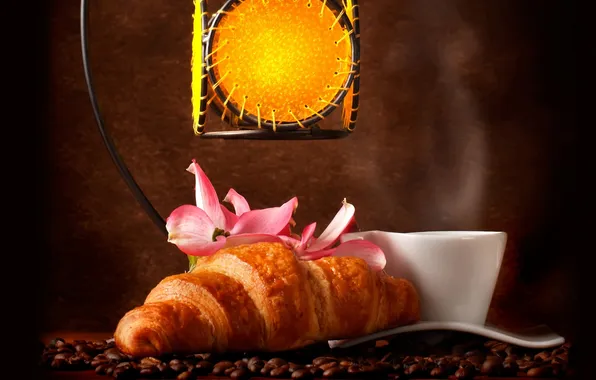 Picture coffee, coffee beans, aroma, coffee, croissants, pink flowers, growing, aroma coffee beans
