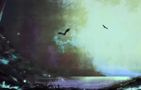 Birds, night, river, fireflies, painted landscape