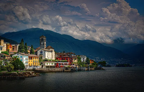 Clouds, mountains, lake, building, home, Switzerland, Alps, Church