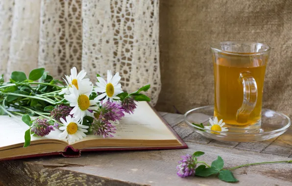 Flowers, tea, chamomile, bow, Cup, book, saucer, Allium