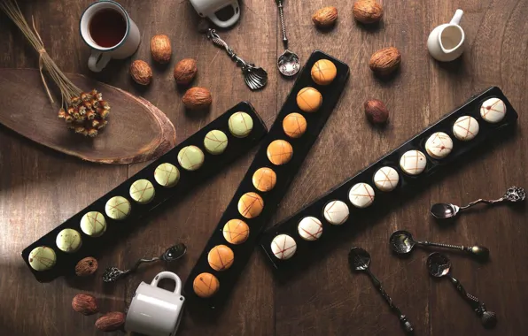 Coffee, food, cookies, mugs, nuts, a lot, spoon, macaron