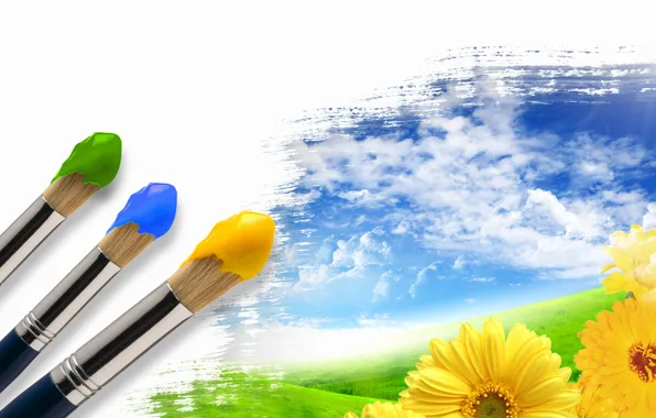 Picture summer, the sky, grass, clouds, flowers, creative, paint, brush
