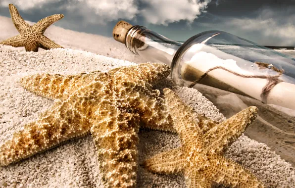 Sand, beach, bottle, stars, note