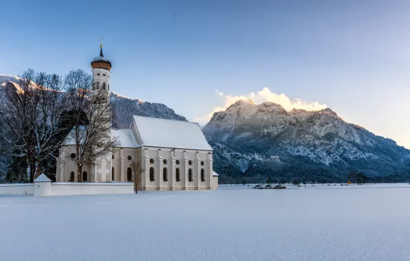 Winter, snow, mountains, Germany, Bayern, Alps, Church, Germany