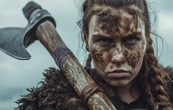 Girl, Look, Axe, Warrior, Viking, Digital art, Closeup, AI art