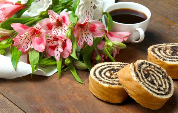 Mac, coffee, bouquet, Cup, cakes, biscuit, roll, alstromeria
