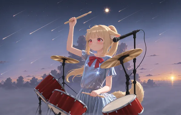 The sky, sunset, drums, meteor shower, cloth, anime dvushki, concert performance, vrchat