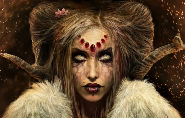 Picture girl, butterfly, piercing, horns, witch, looking at the viewer