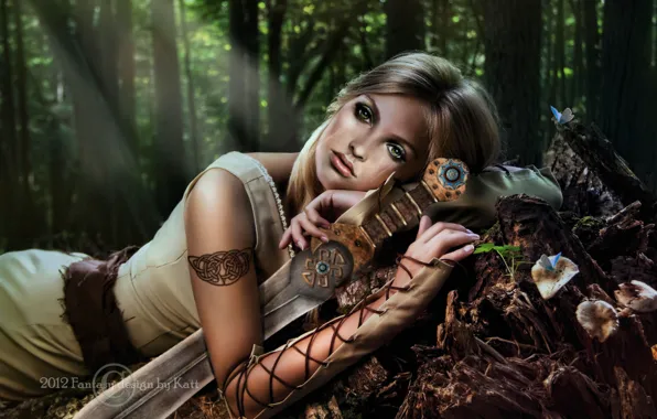 Picture forest, look, girl, trees, weapons, fiction, hair, sword