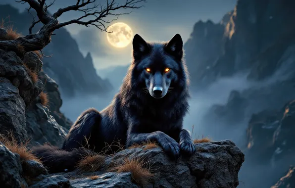 Mountains, night, branches, fog, rocks, the moon, black, wolf