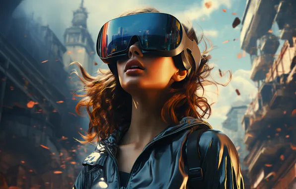 Girl, face, the city, pose, the wind, the game, building, technology