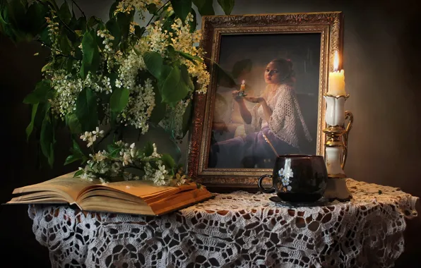 Portrait, candle, Cup, book, still life, cherry