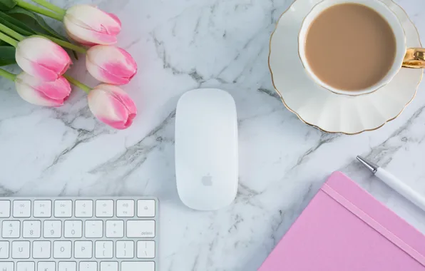 Picture coffee, Cup, tulips, Notepad, keyboard, pink, flowers, cup