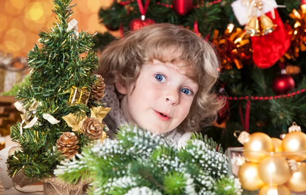 Decoration, holiday, surprise, gifts, tree, curls, child, Christmas decorations