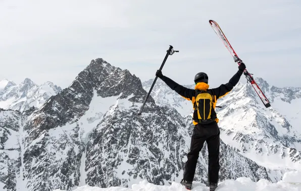 Winter, snow, landscape, mountains, rocks, ski, stick, costume