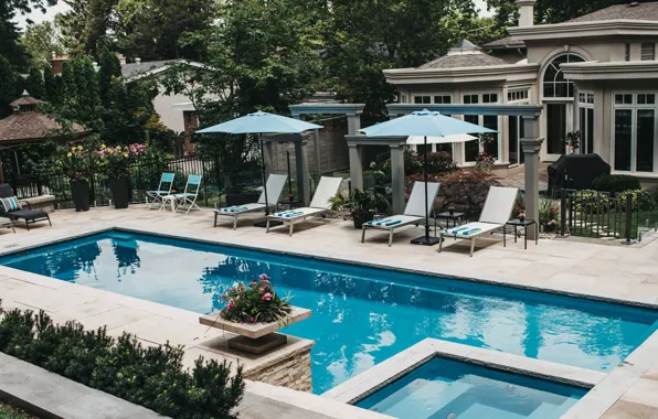 Flowers, Villa, pool, Canada, umbrellas, architecture, terrace, Toronto