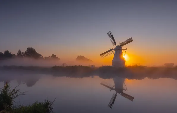 Sunset, fog, reflection, dawn, the evening, morning, haze, pond