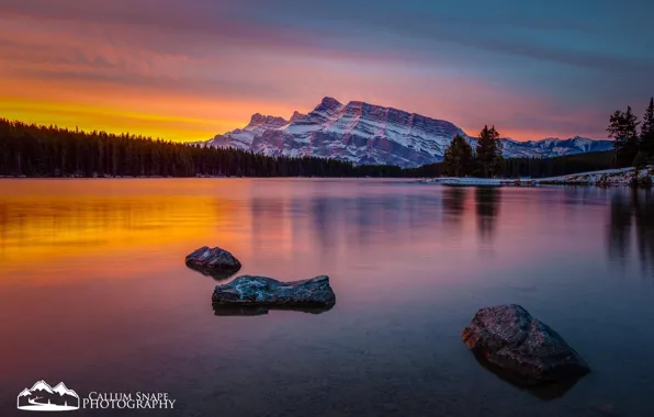 Forest, snow, sunset, mountains, nature, lake, British Columbia, alberta