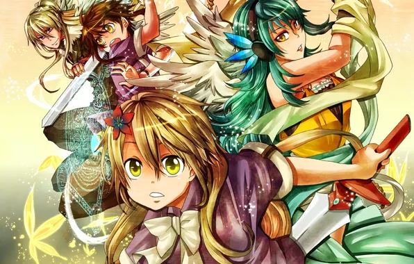 Weapons, girls, magic, wings, round, sword, anime, art