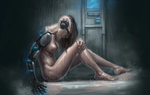 Girl, fiction, rain, robot, art, Android, sitting, naked