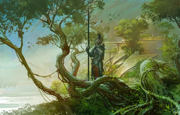 Trees, nature, river, weapons, art, knight, the guardian, spear
