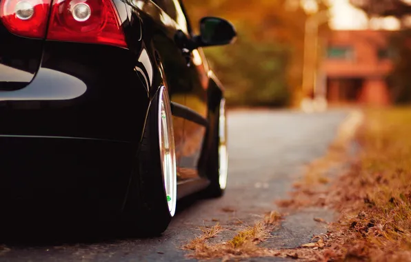 Autumn, grass, leaves, Road, Volkswagen, City, Lights, cars