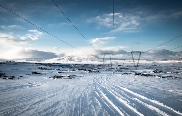 Winter, snow, power lines, Iceland