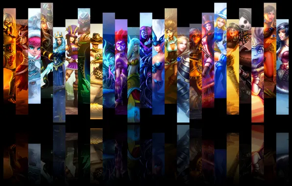 Picture reflection, collage, the game, black background, characters, League of Legends