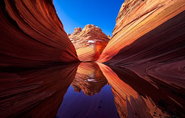 Lake, reflection, rocks, paint, layer