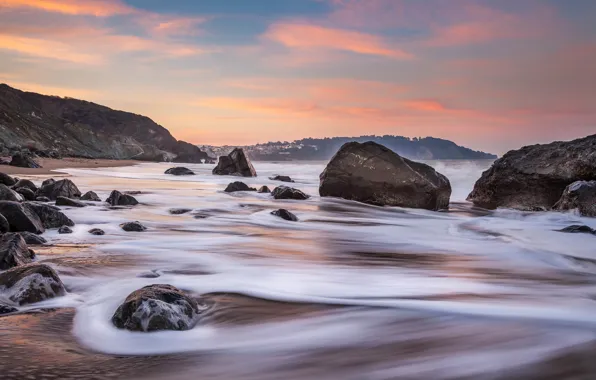 Picture sea, wave, beach, the sky, foam, clouds, stones, rocks