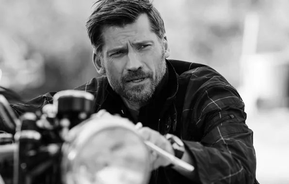 Photo, motorcycle, actor, black and white, bokeh, Nikolaj Coster-Waldau, Nikolaj Coster-Waldau, Blair Getz Mezibov