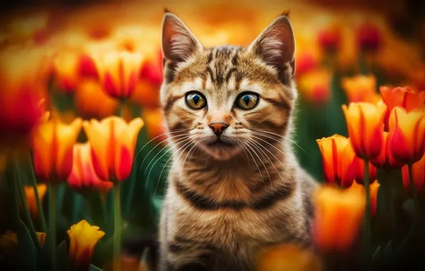 Cat, look, rendering, kitty, graphics, portrait, spring, art