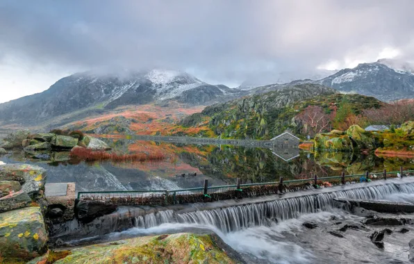 Clouds, mountains, nature, house, river, Wales, Snowdonia