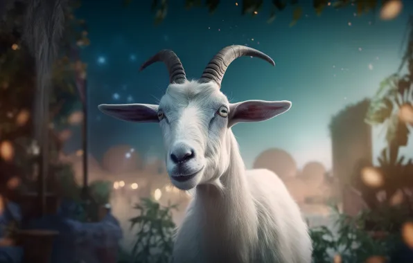 Look, face, night, nature, white, twilight, goat, bokeh