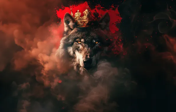 Picture Wolf, Smoke, Crown, King, Animals, AI art