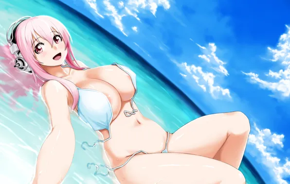 Sea, water, girl, headphones, bikini, super sonic, nitroplus