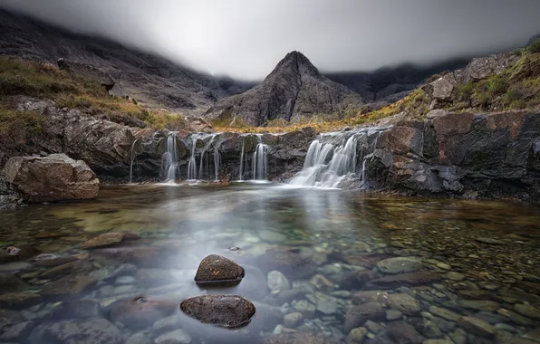 Clouds, mountains, reflection, river, stones, rocks, waterfall, mirror