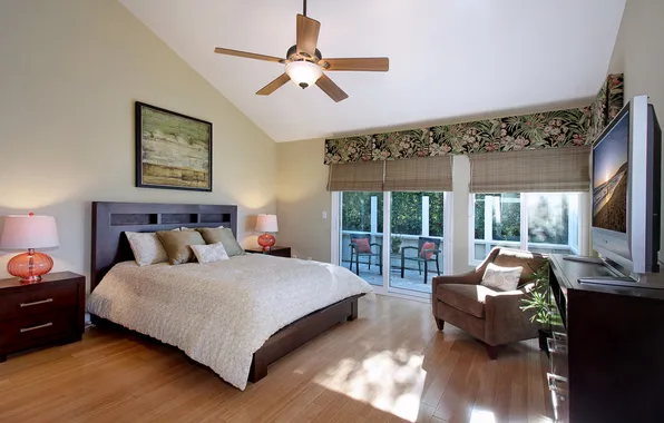 Picture style, bed, chair, chandelier, blind, bedroom
