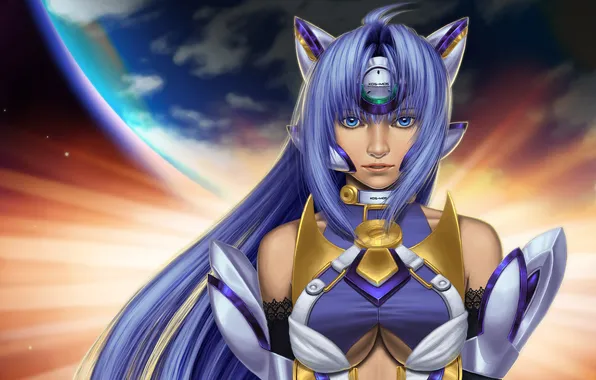 Girl, planet, art, costume, ears, blue hair, Xenosaga, amber chen