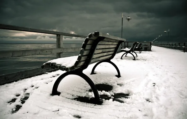 Picture winter, the evening, bench